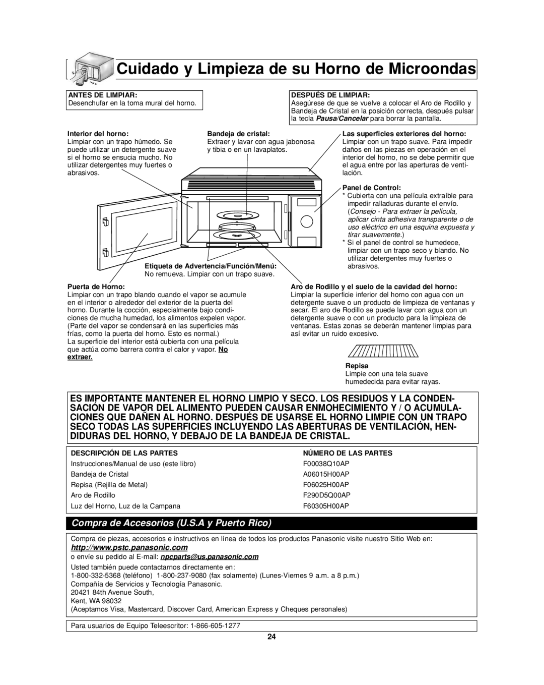 Panasonic NN-SD277BR, NN-SD277WR Cuidado y Limpieza de su Horno de Microondas, Antes DE Limpiar, Después DE Limpiar 