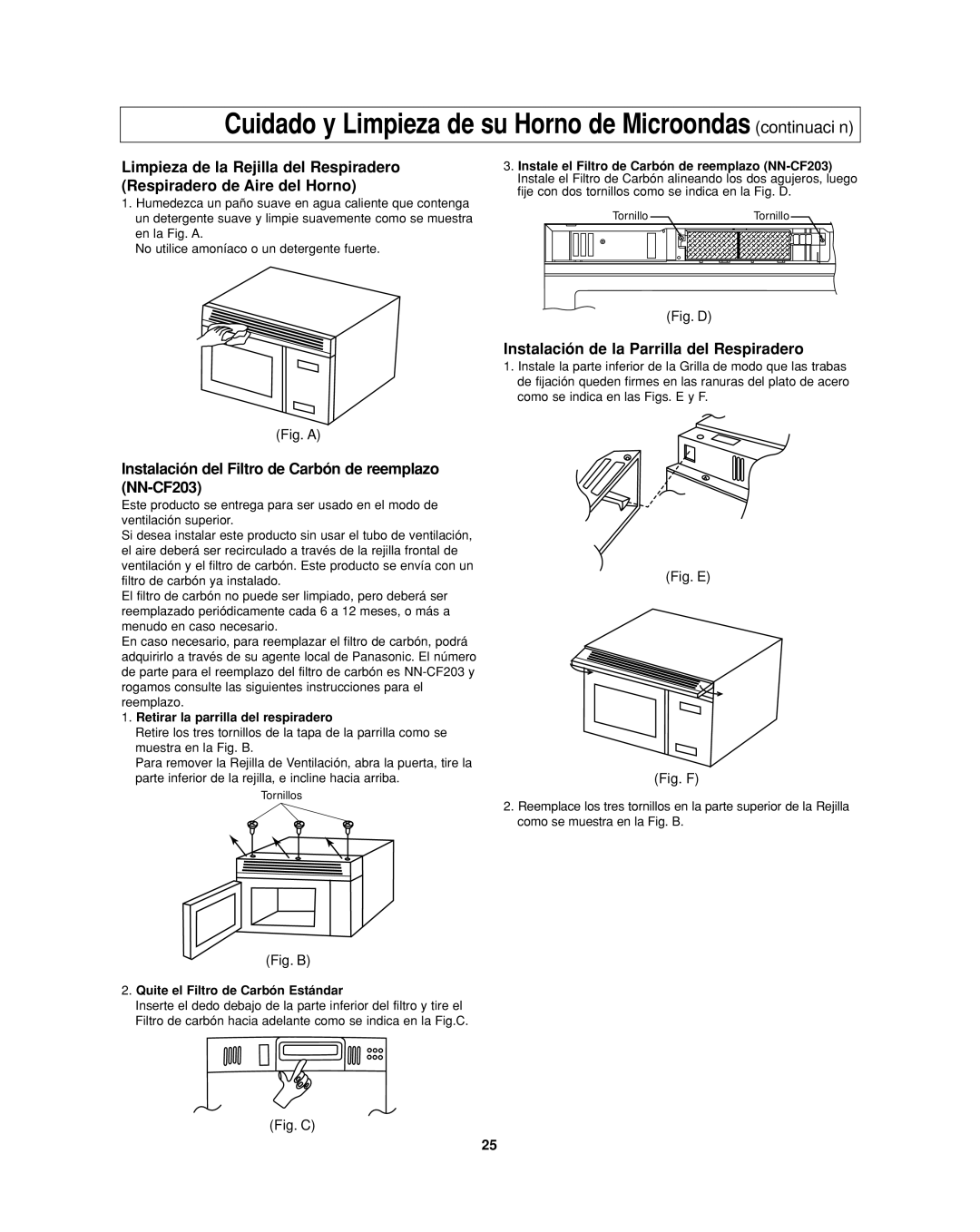 Panasonic NN-SD277SR Instalación del Filtro de Carbón de reemplazo NN-CF203, Instalación de la Parrilla del Respiradero 