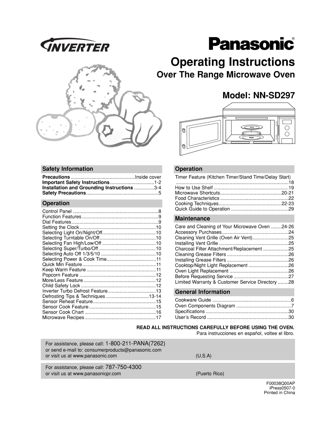 Panasonic NN-SD297 important safety instructions Safety Information, Operation, Maintenance, General Information 