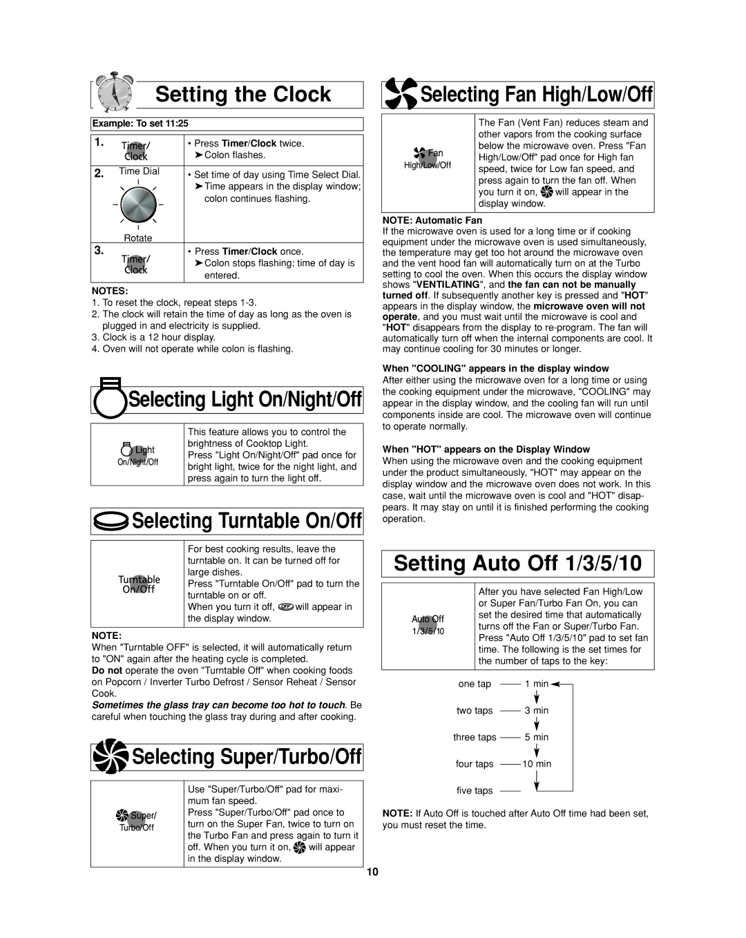 Panasonic NN-SD297 important safety instructions Setting the Clock, Selecting Fan High/Low/Off, Setting Auto Off 1/3/5/10 