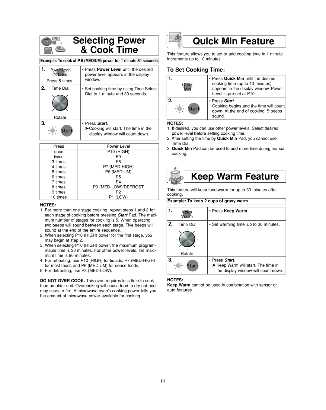 Panasonic NN-SD297 Selecting Power Cook Time, Quick Min Feature, Keep Warm Feature, To Set Cooking Time 