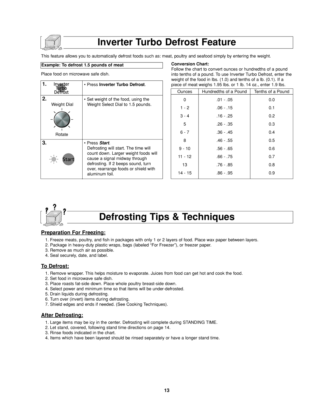 Panasonic NN-SD297 Inverter Turbo Defrost Feature, Defrosting Tips & Techniques, Preparation For Freezing, To Defrost 