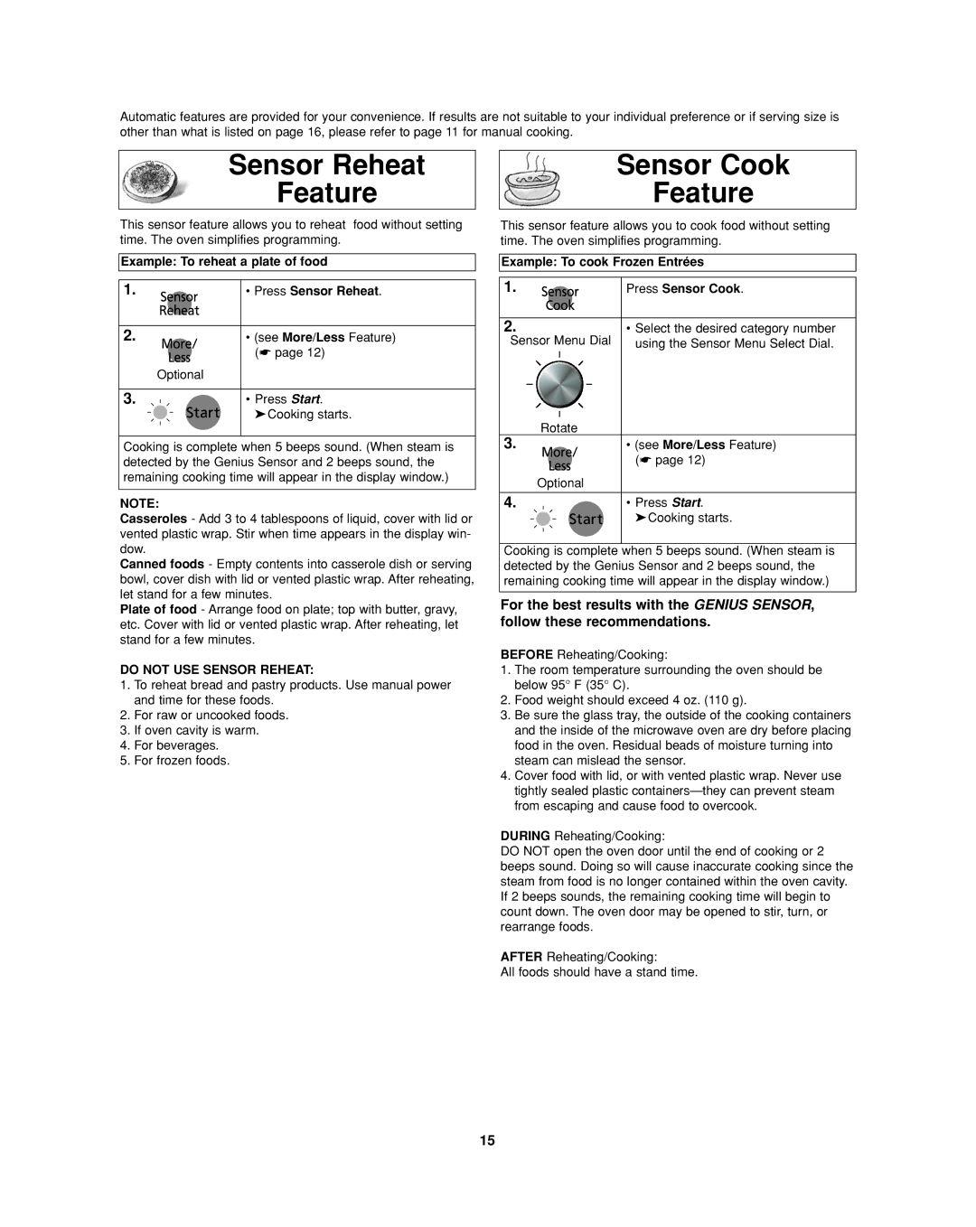 Panasonic NN-SD297 Sensor Reheat Feature, Sensor Cook Feature, Example To reheat a plate of food Press Sensor Reheat 