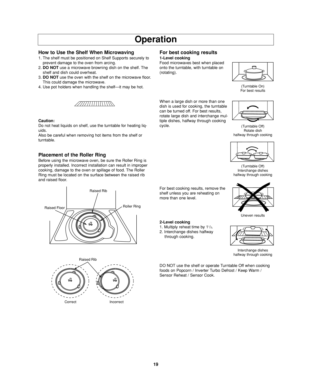 Panasonic NN-SD297 Operation, How to Use the Shelf When Microwaving, For best cooking results, Level cooking 