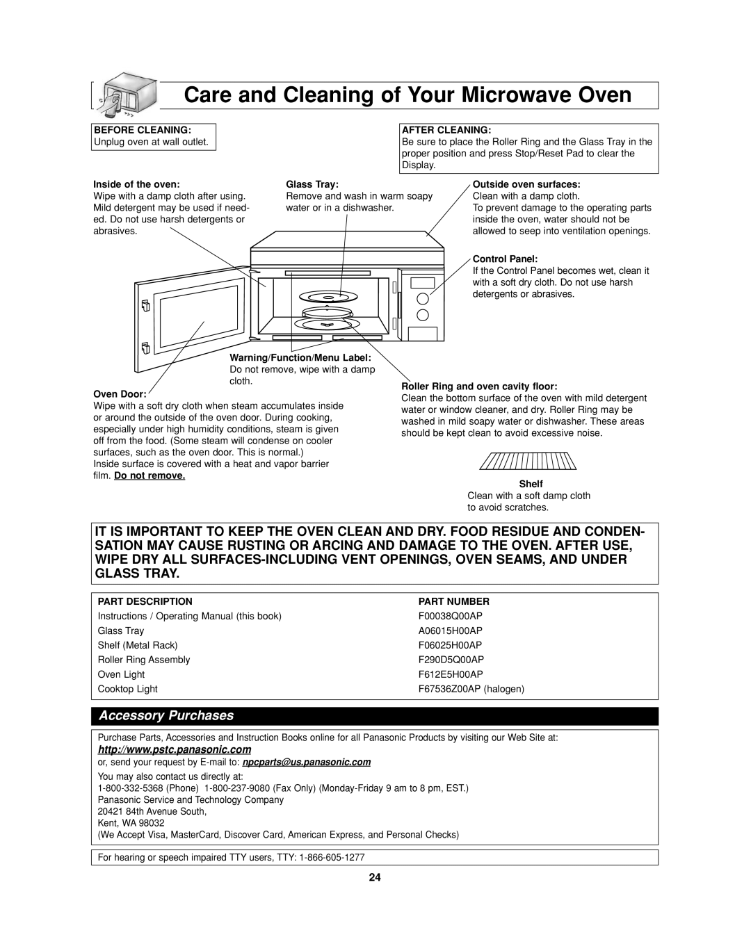 Panasonic NN-SD297 Care and Cleaning of Your Microwave Oven, After Cleaning, Part Description Part Number 