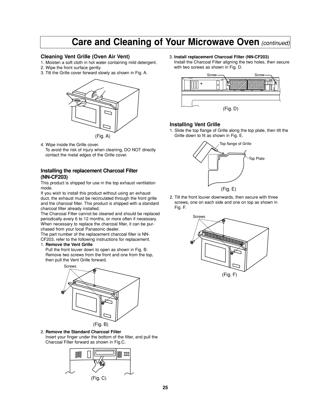 Panasonic NN-SD297 Cleaning Vent Grille Oven Air Vent, Installing the replacement Charcoal Filter NN-CF203 