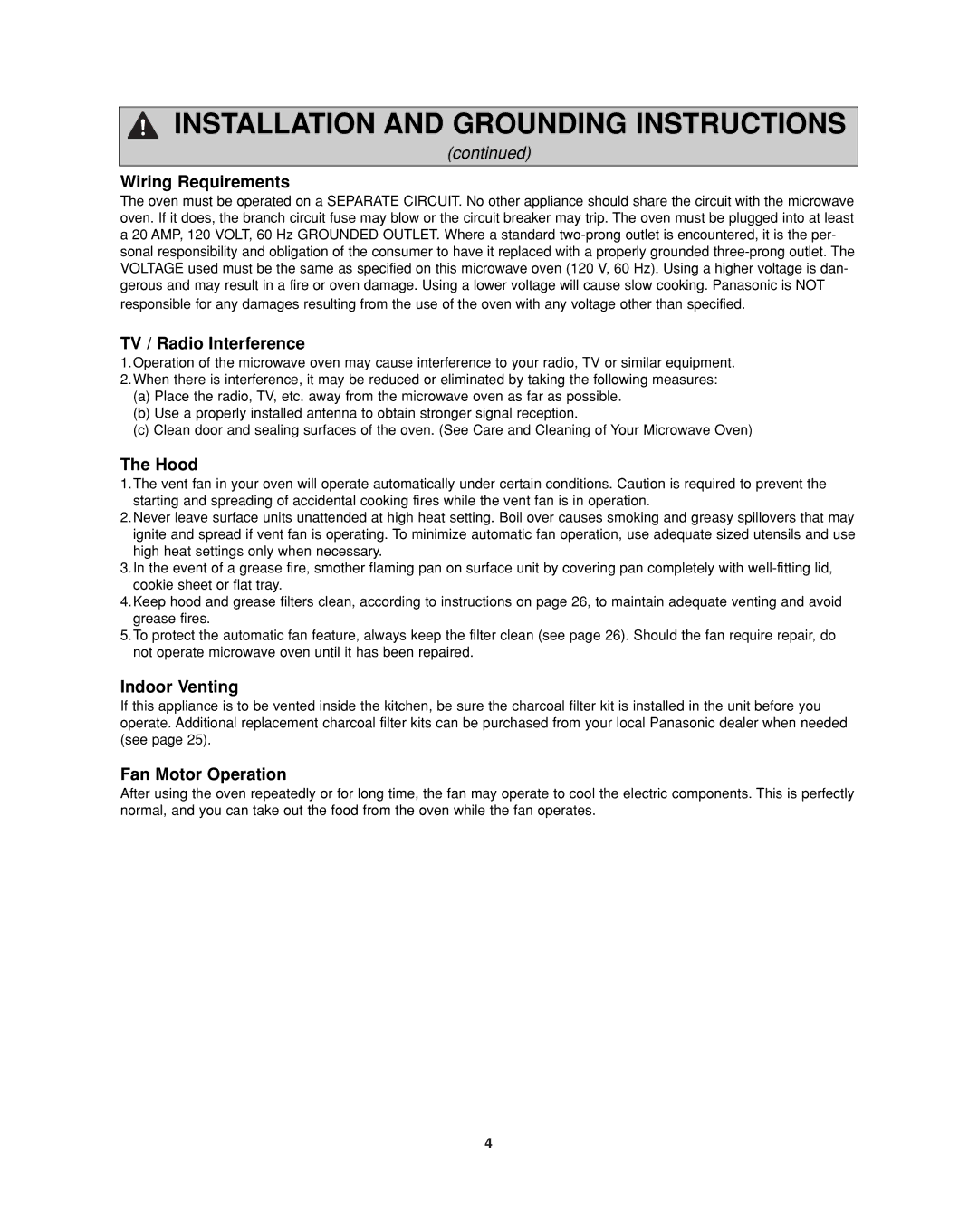 Panasonic NN-SD297 Wiring Requirements, TV / Radio Interference, Hood, Indoor Venting, Fan Motor Operation 