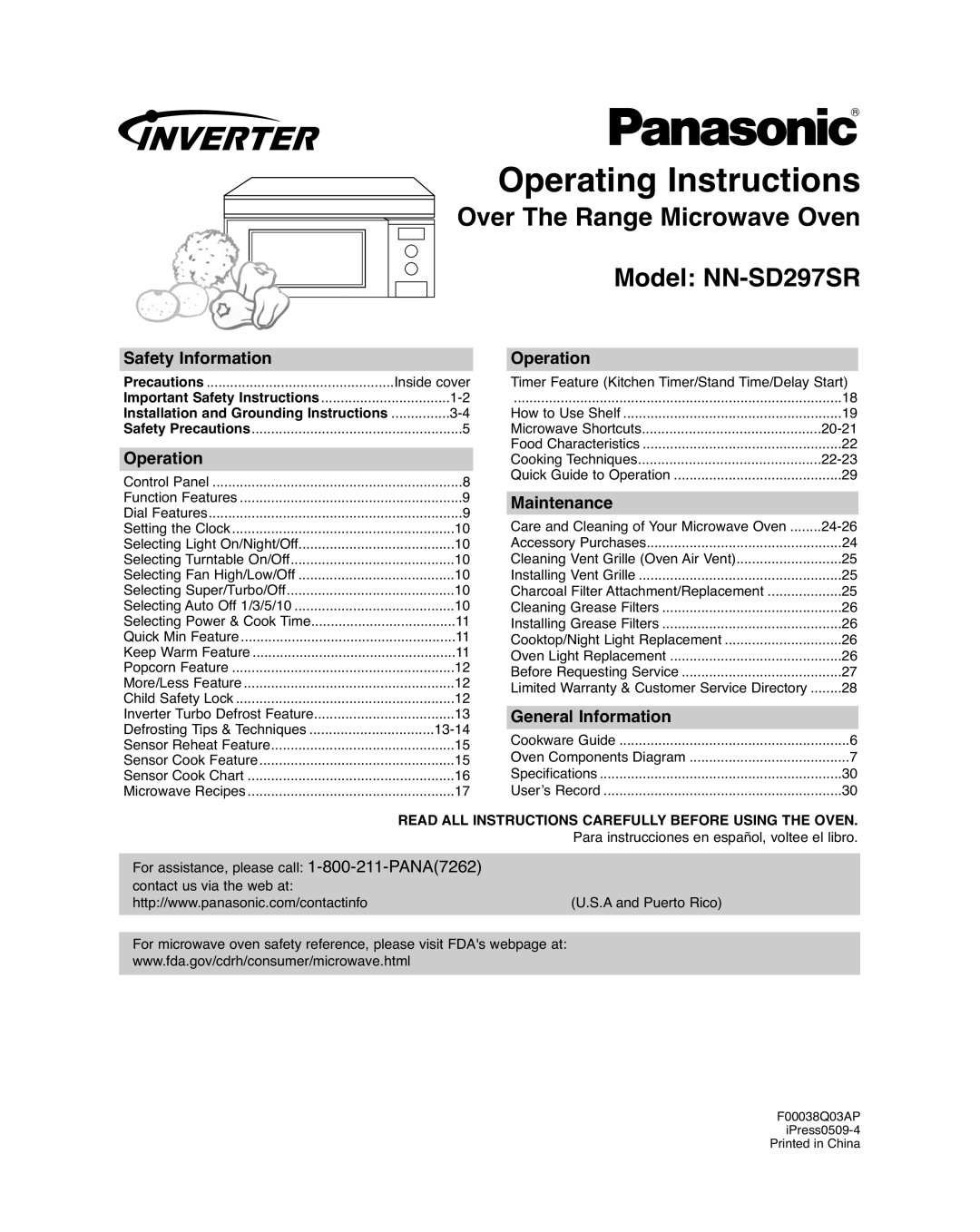 Panasonic NN-SD297SR important safety instructions Safety Information, Operation, Maintenance, General Information 