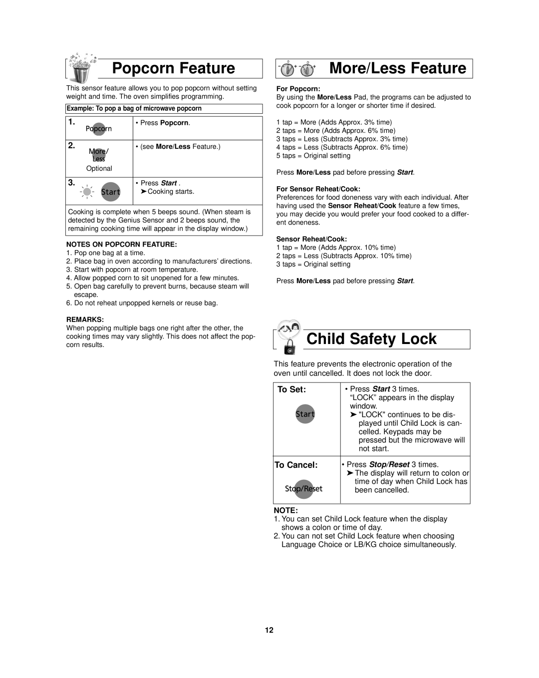 Panasonic NN-SD297SR Popcorn Feature More/Less Feature, Child Safety Lock, To Set, To Cancel, Remarks 