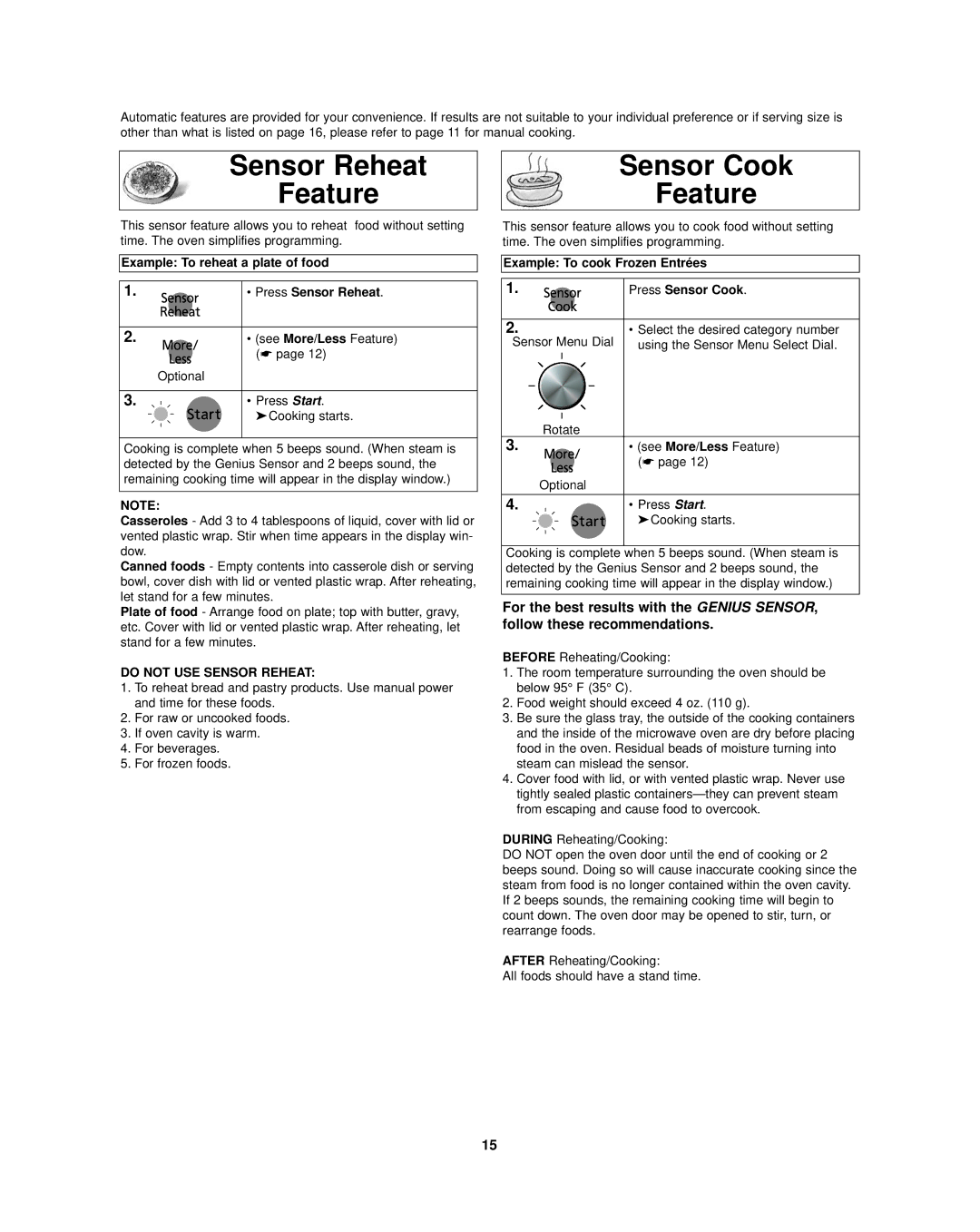 Panasonic NN-SD297SR Sensor Reheat Feature, Sensor Cook Feature, Example To reheat a plate of food Press Sensor Reheat 