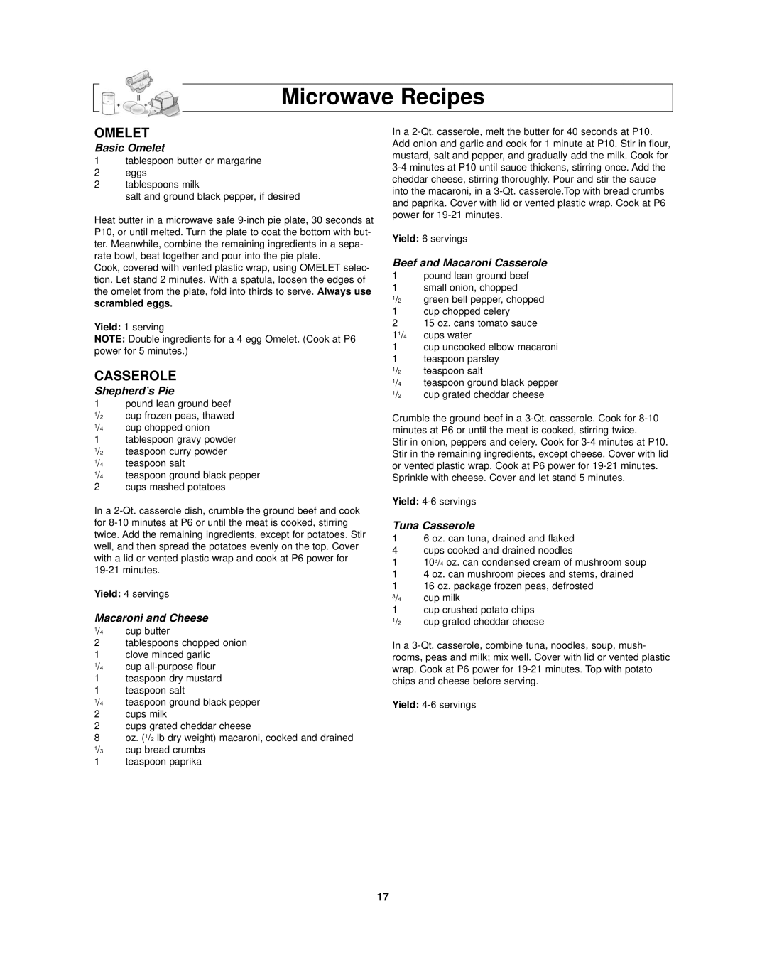 Panasonic NN-SD297SR important safety instructions Microwave Recipes, Omelet, Casserole 