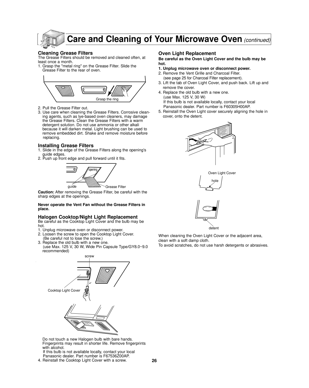 Panasonic NN-SD297SR Cleaning Grease Filters, Installing Grease Filters, Oven Light Replacement 