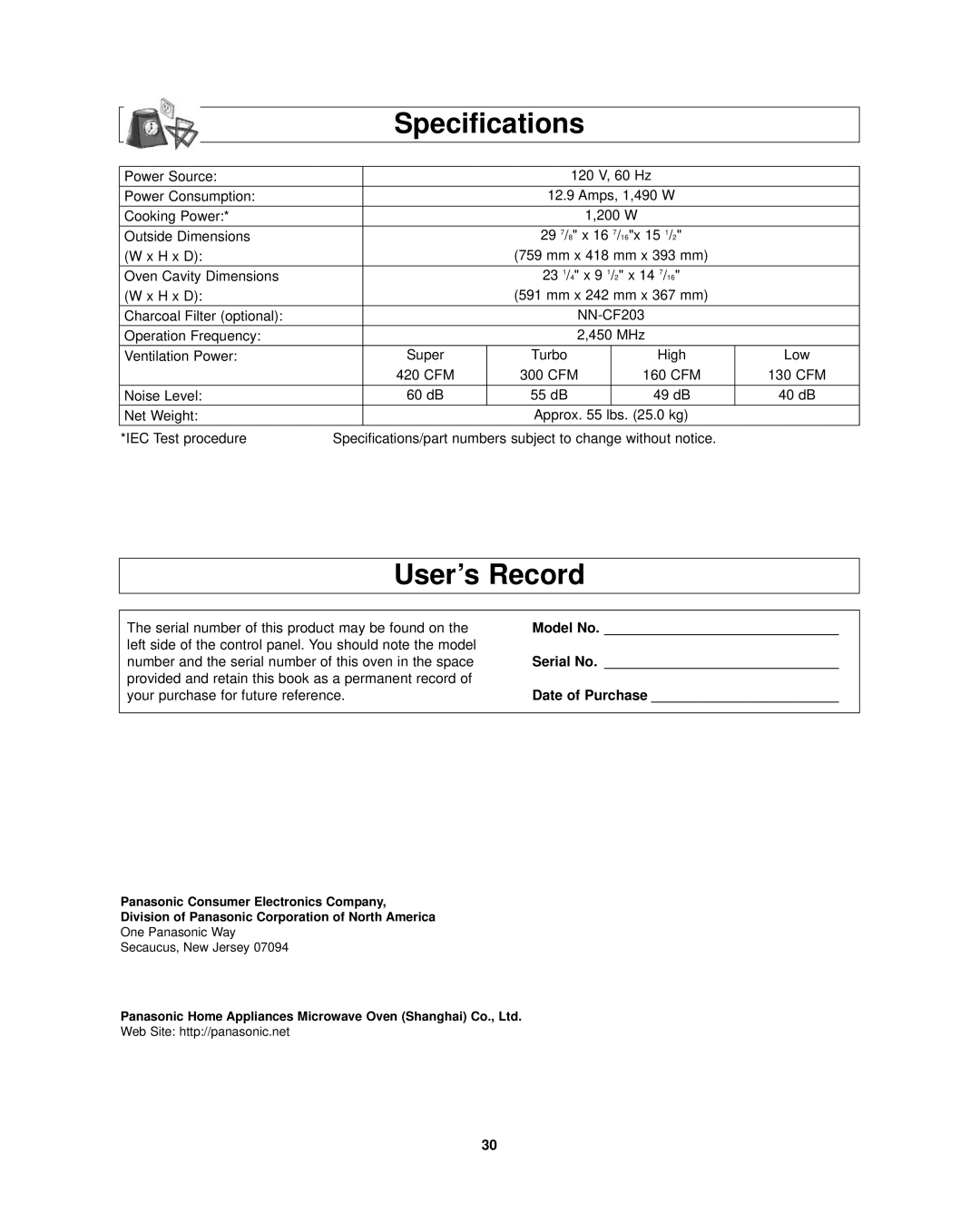 Panasonic NN-SD297SR important safety instructions User’s Record, Model No, Serial No, Date of Purchase 