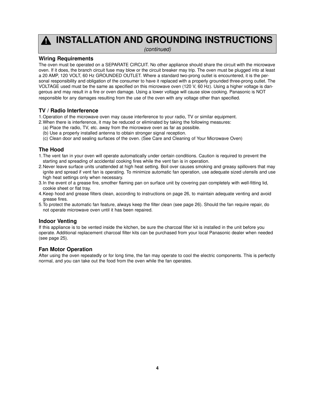 Panasonic NN-SD297SR Wiring Requirements, TV / Radio Interference, Hood, Indoor Venting, Fan Motor Operation 