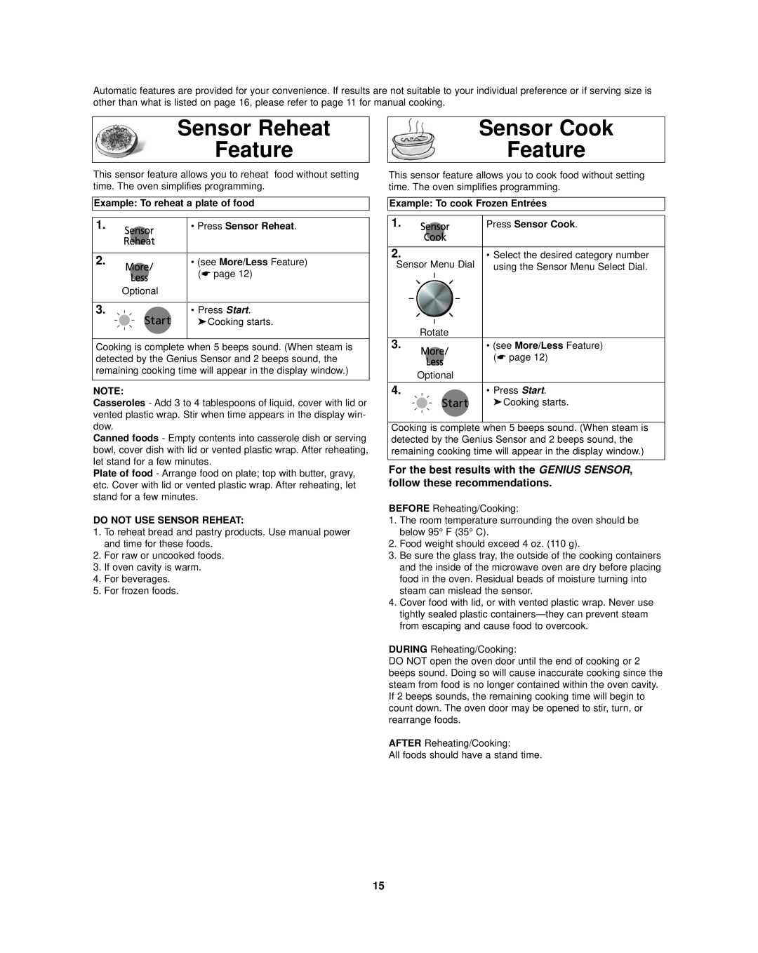 Panasonic NN-SD297SR Sensor Reheat Feature, Sensor Cook Feature, Example To reheat a plate of food, Press Sensor Reheat 
