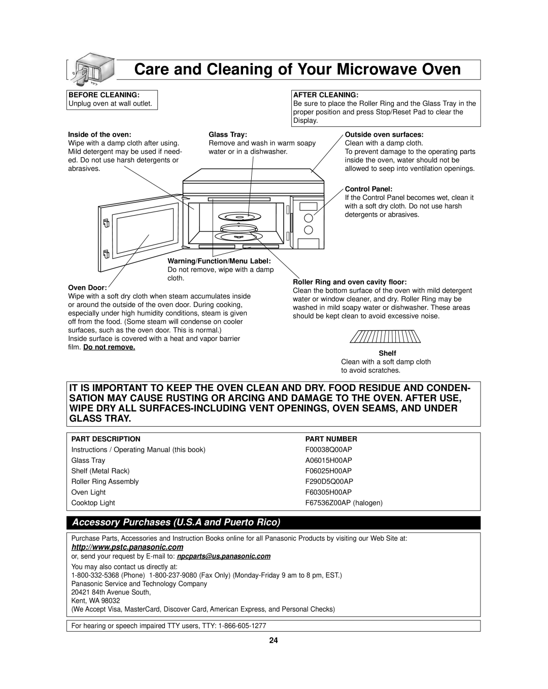 Panasonic NN-SD297SR Care and Cleaning of Your Microwave Oven, Accessory Purchases U.S.A and Puerto Rico 