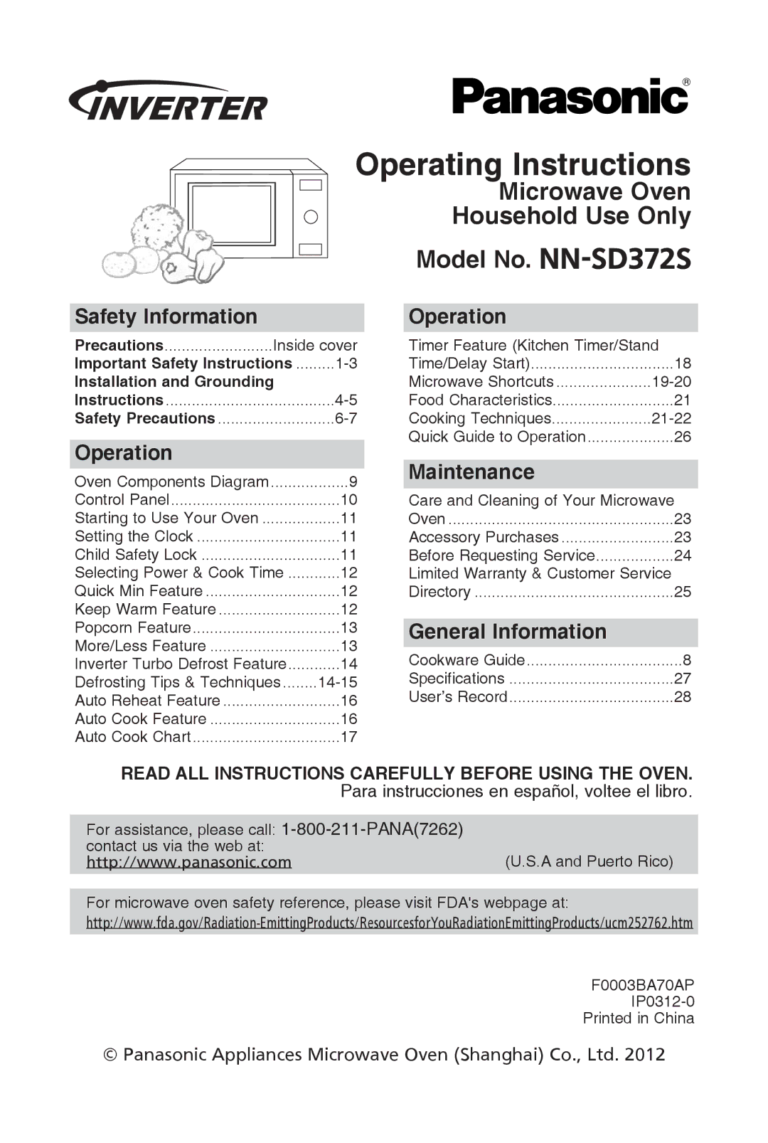 Panasonic NN-SD372S warranty Operating instructions, Safety information, Operation, Maintenance, General information 