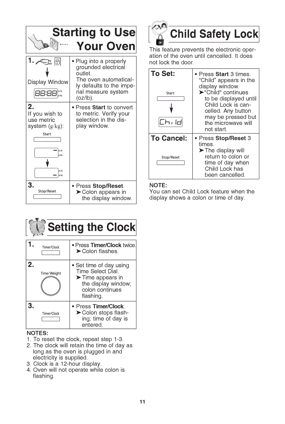 Panasonic NN-SD372S Starting to use your oven, Child safety lock, Setting the clock, Press stop/reset, Press timer/clock 