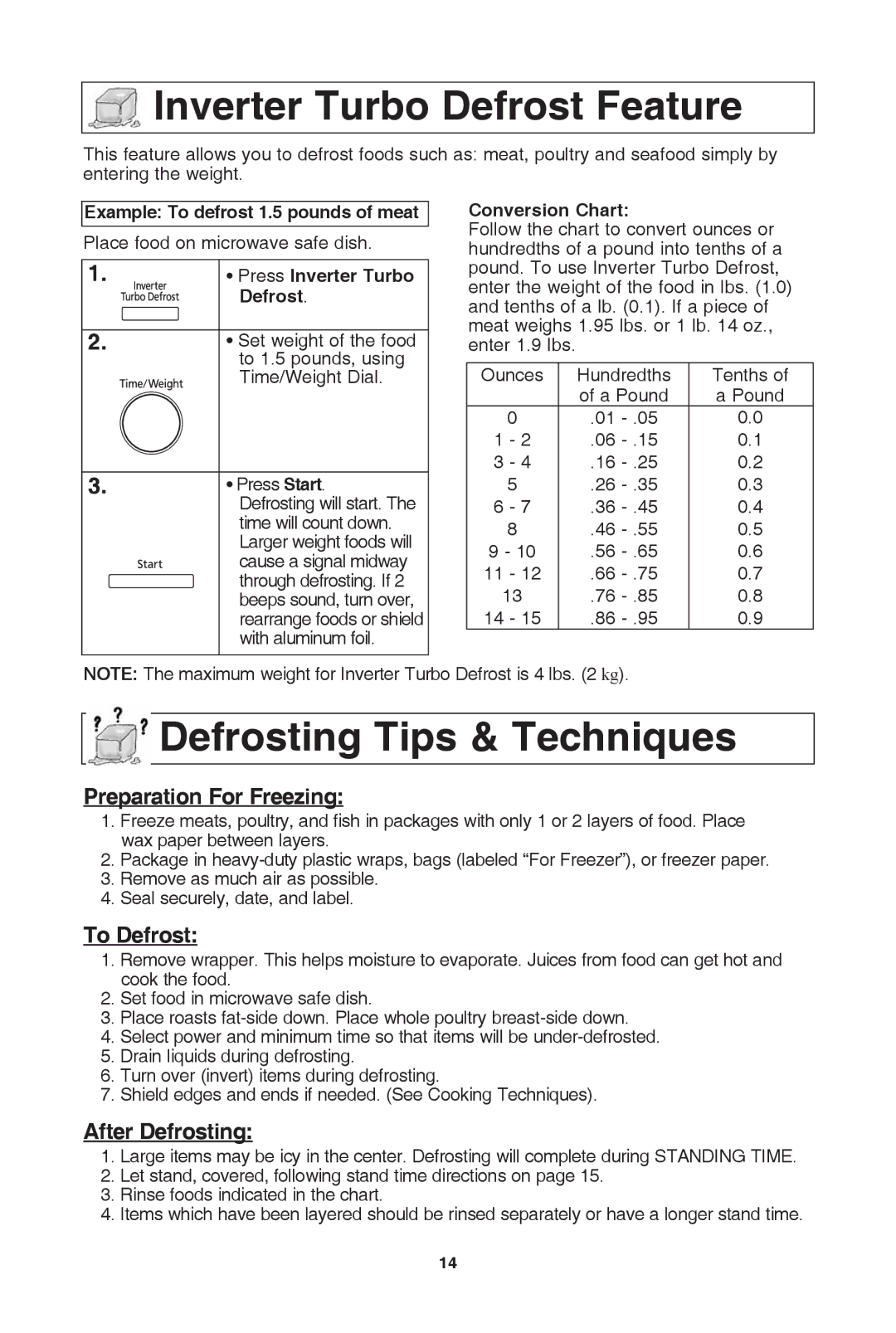 Panasonic NN-SD372S Inverter turbo defrost feature, Defrosting tips & techniques, Example to defrost 1.5 pounds of meat 