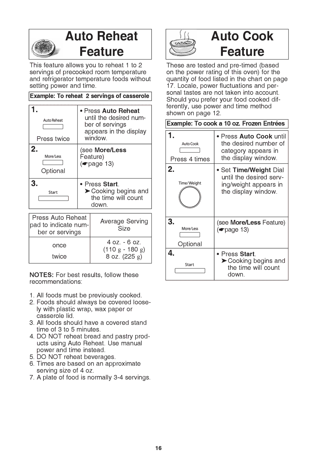 Panasonic NN-SD372S warranty Auto reheat Feature, Auto cook Feature, Example to reheat 2 servings of casserole 