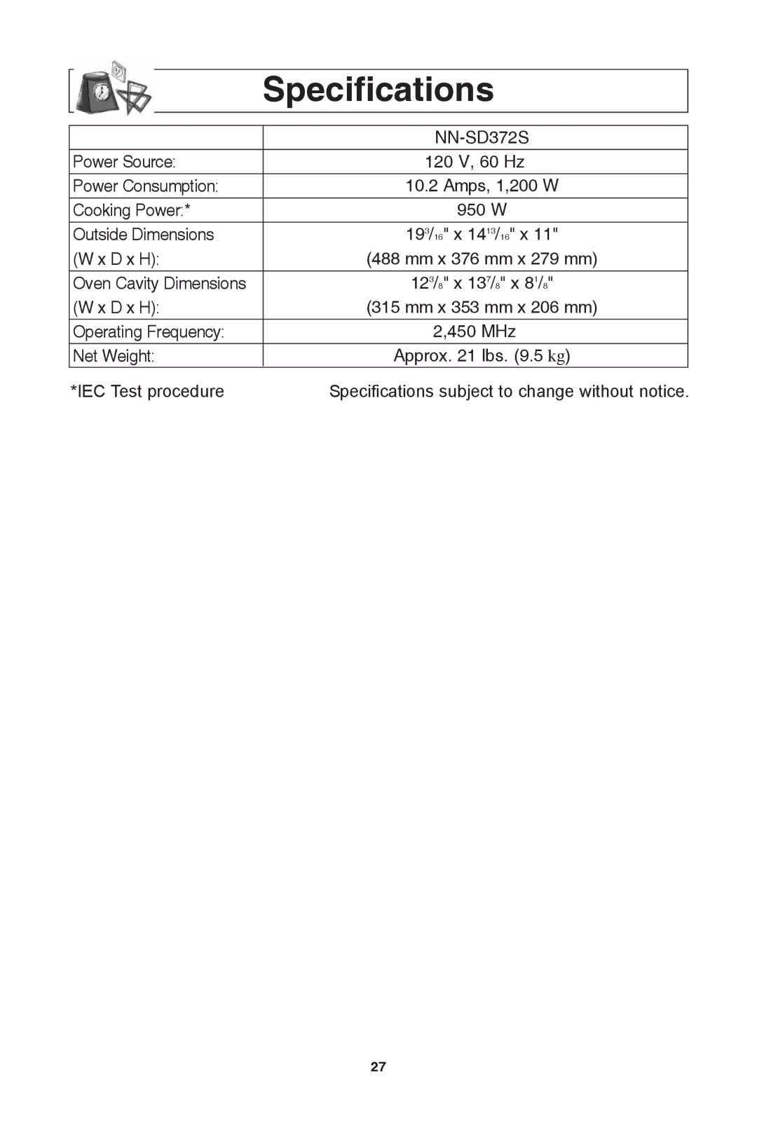 Panasonic NN-SD372S warranty Specifications 