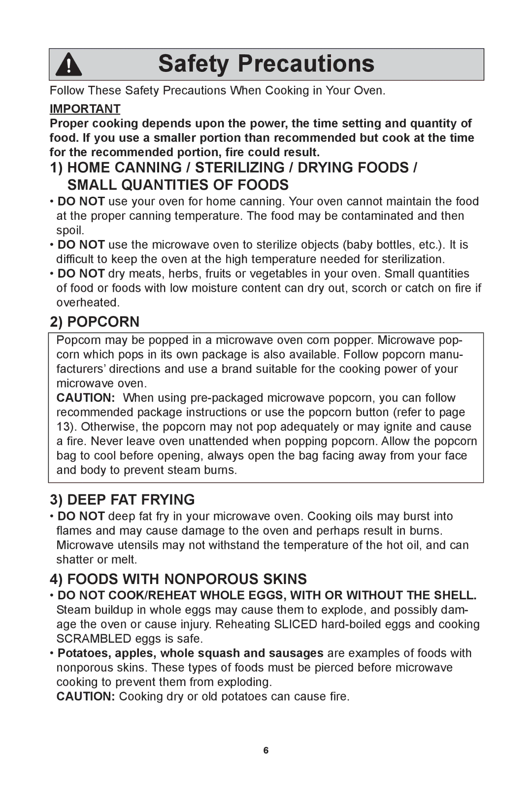 Panasonic NN-SD372S warranty Popcorn, Deep faT fryIng, FooDS wITh nonporouS SKInS 