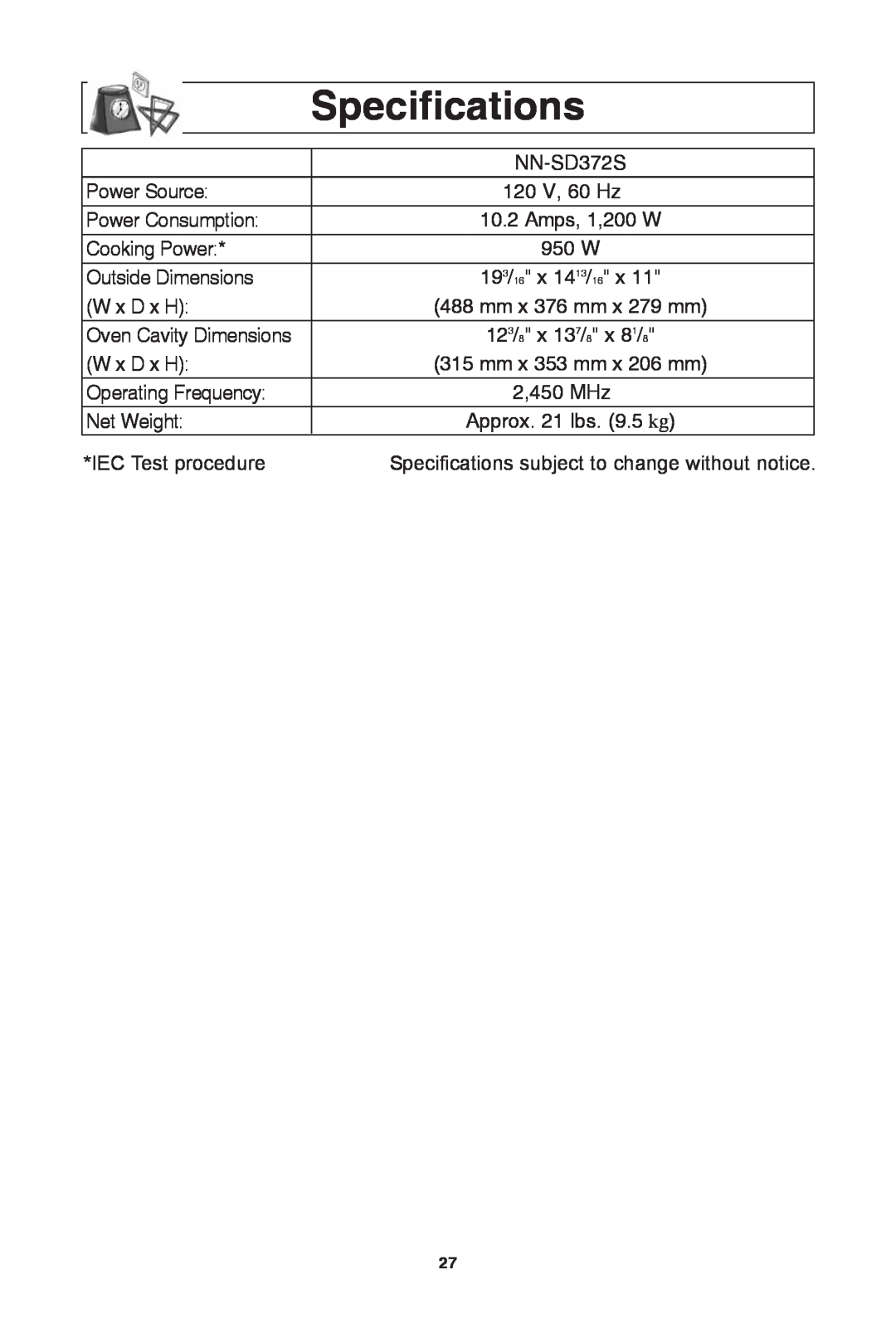 Panasonic NN-SD372S warranty specifications 