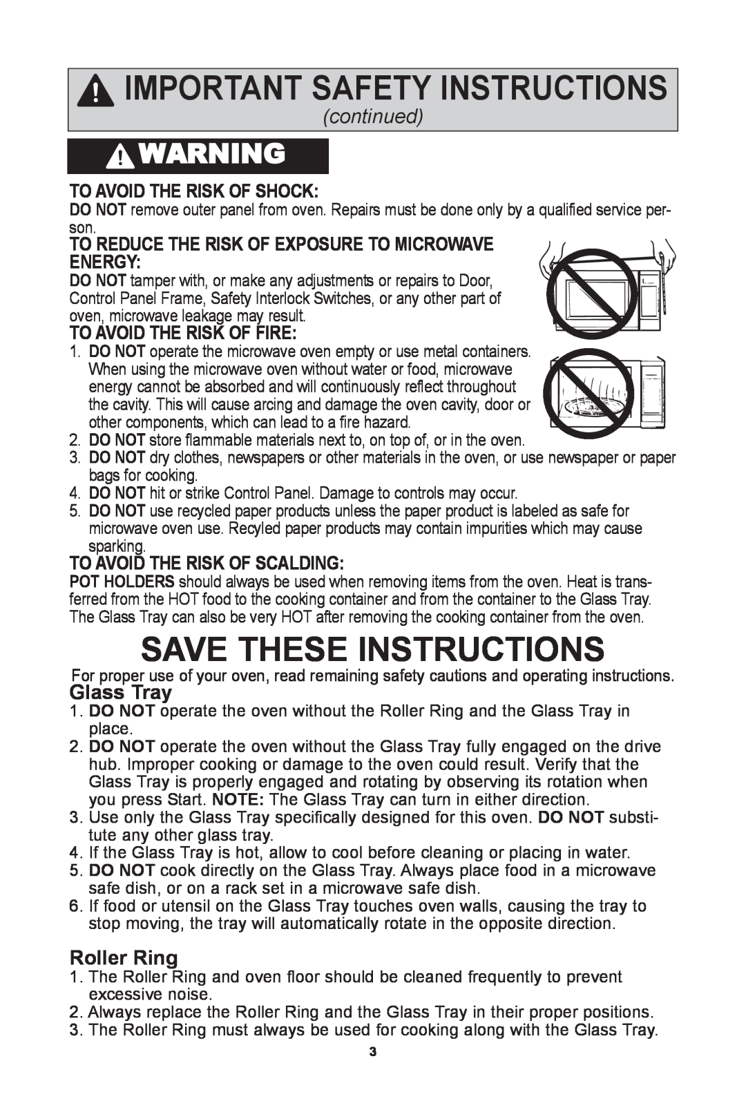 Panasonic NN-SD372S SaVe TheSe InSTrucTIonS, roller ring, To aVoID The rISK of ShocK, To aVoID The rISK of fIre, continued 