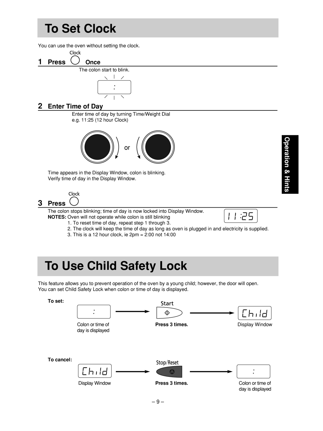 Panasonic NN-SD376S manual To Set Clock, To Use Child Safety Lock, Press Once, Enter Time of Day 