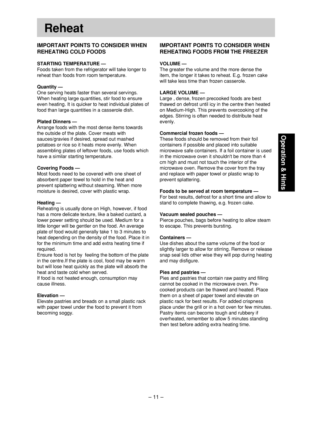 Panasonic NN-SD376S manual Reheat, Starting Temperature, Large Volume 