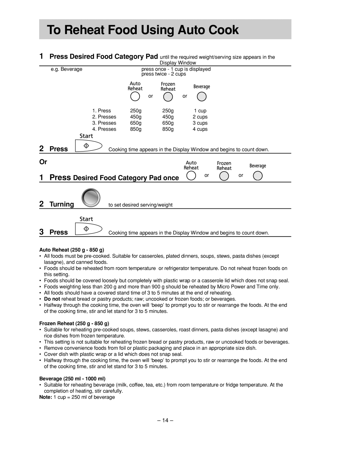 Panasonic NN-SD376S manual To Reheat Food Using Auto Cook, Press Desired Food Category Pad once, Turning 