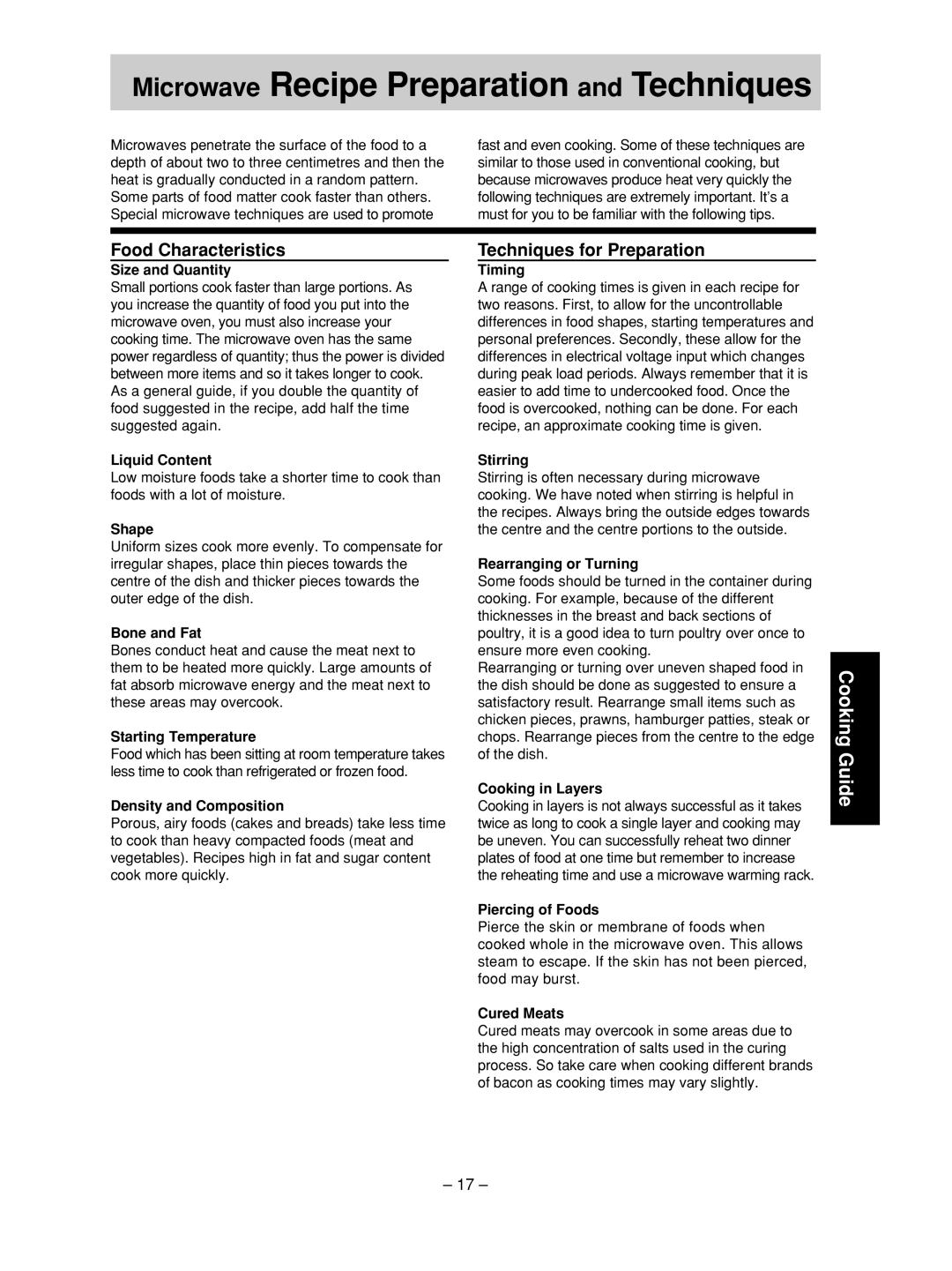 Panasonic NN-SD376S manual Food Characteristics, Techniques for Preparation 