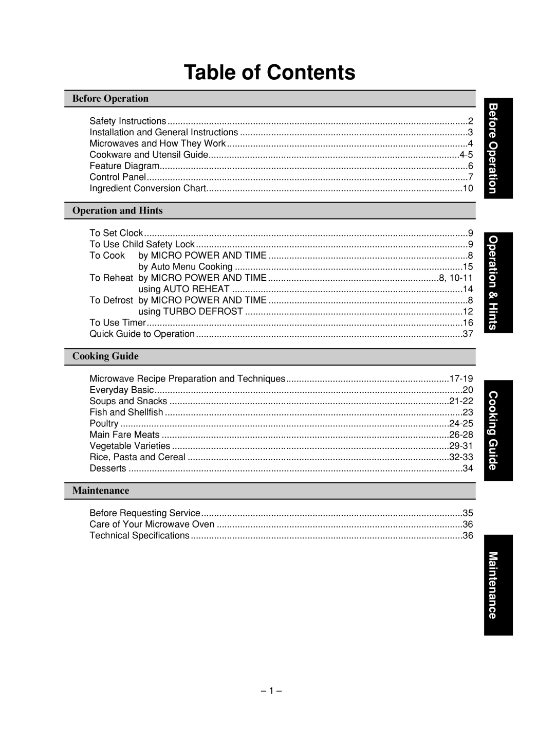 Panasonic NN-SD376S manual Table of Contents 