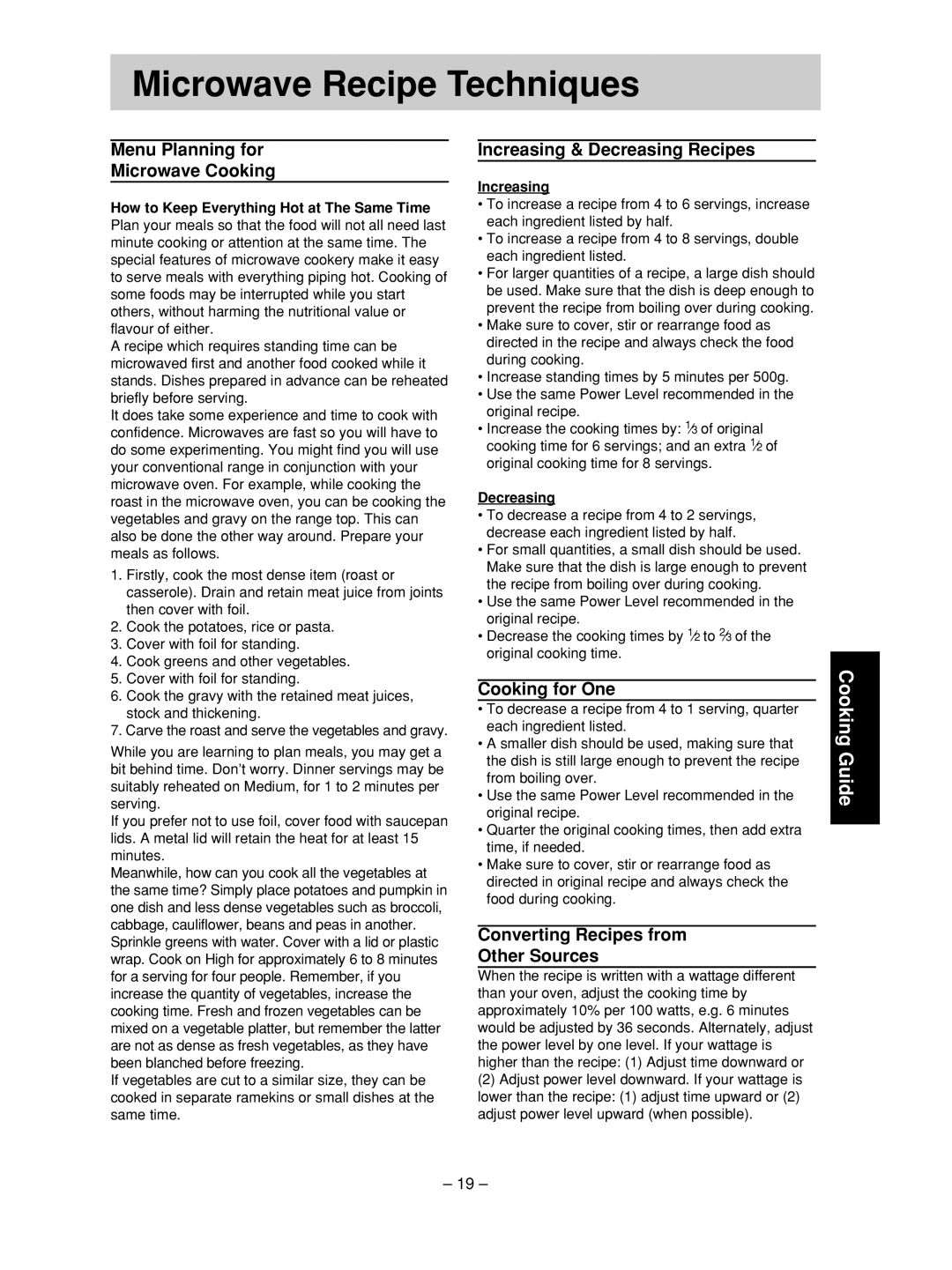 Panasonic NN-SD376S Microwave Recipe Techniques, Menu Planning for Microwave Cooking, Increasing & Decreasing Recipes 