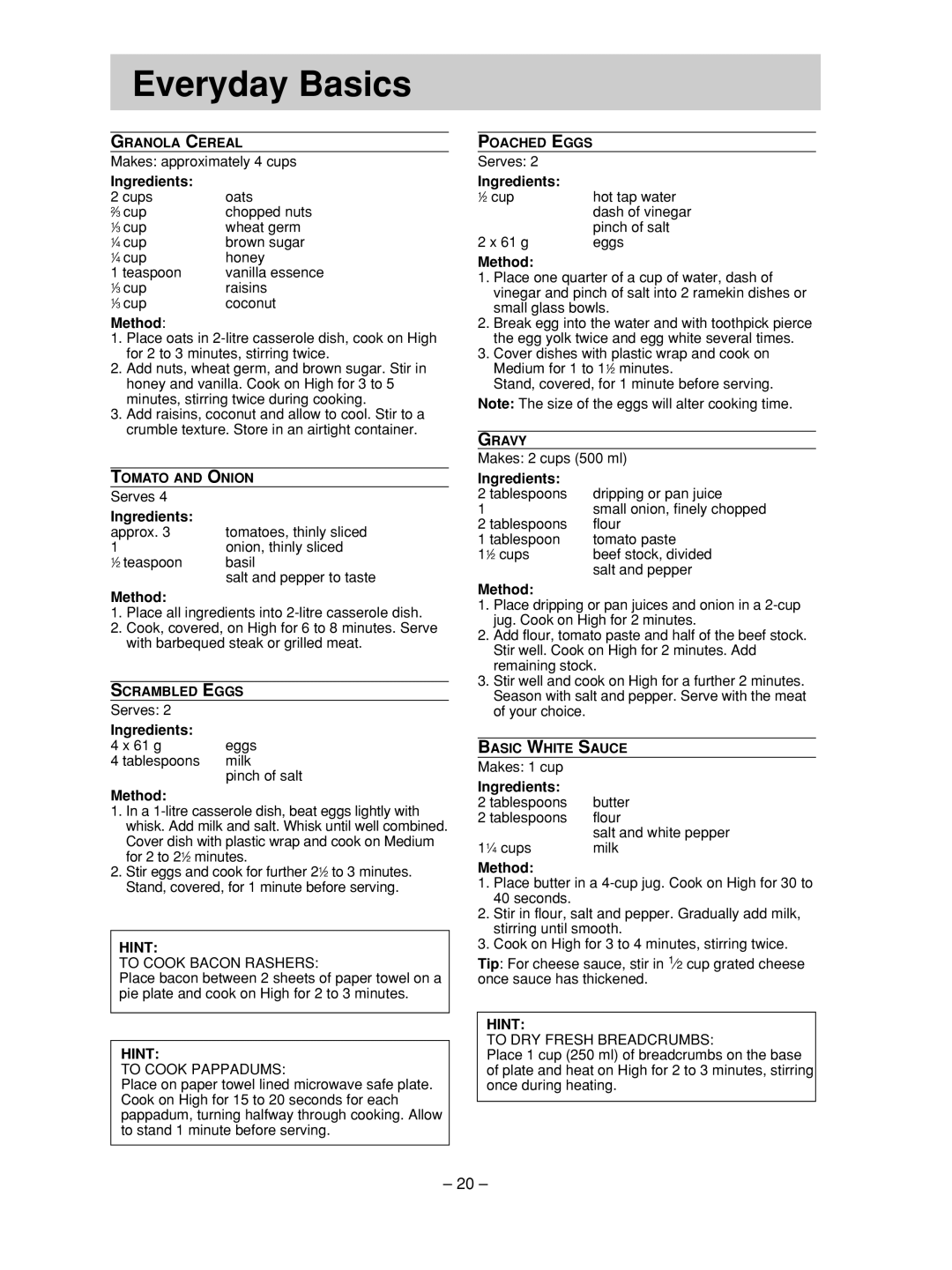 Panasonic NN-SD376S manual Everyday Basics, Ingredients, Method, Hint 