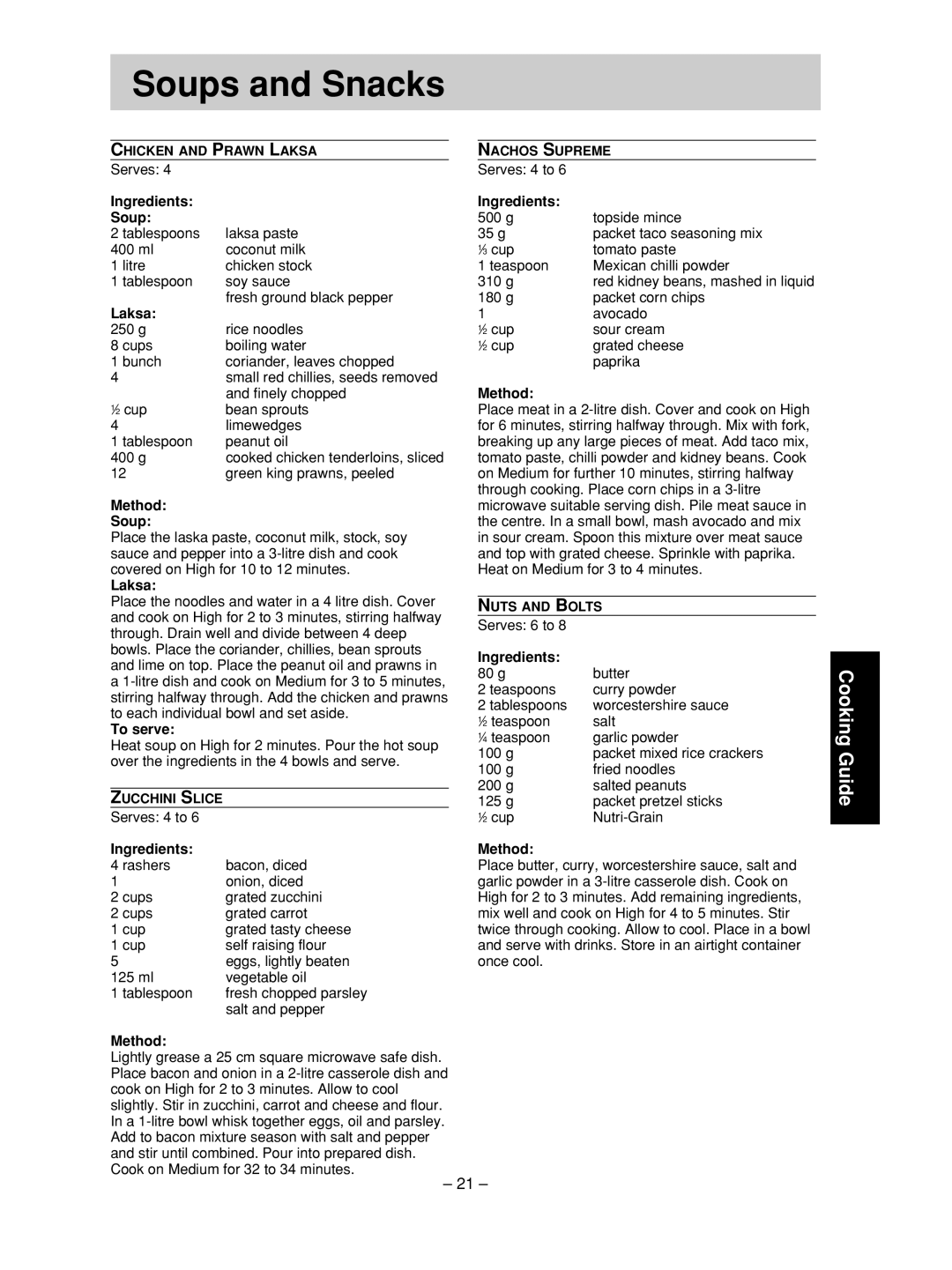 Panasonic NN-SD376S manual Soups and Snacks, Ingredients Soup, Laksa, Method Soup, To serve 