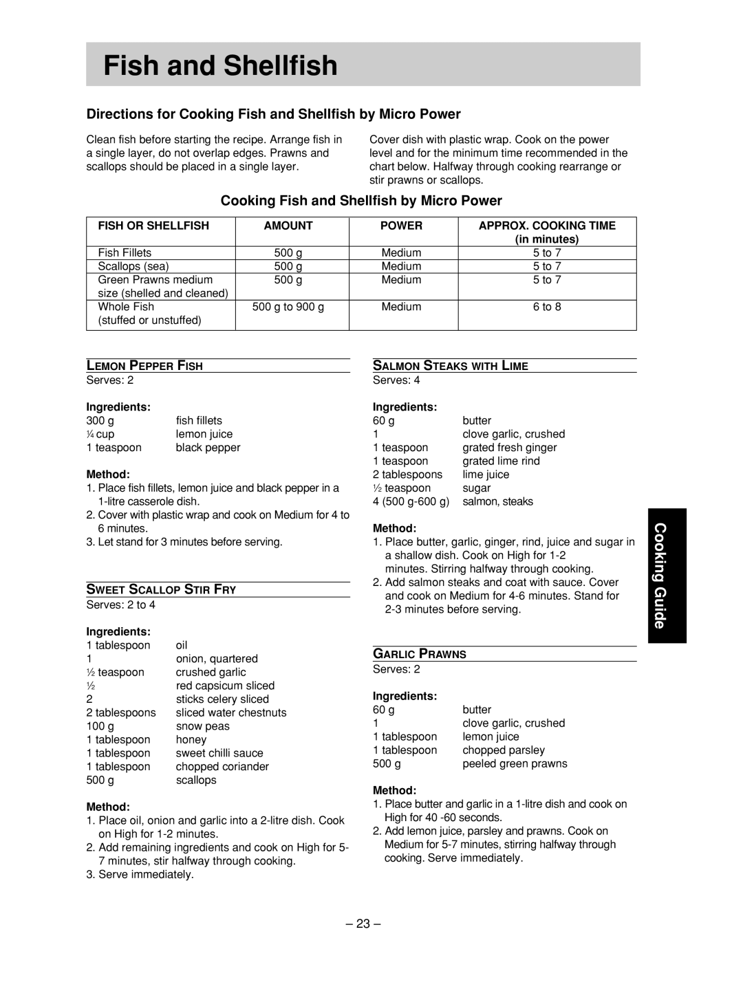 Panasonic NN-SD376S manual Directions for Cooking Fish and Shellfish by Micro Power 