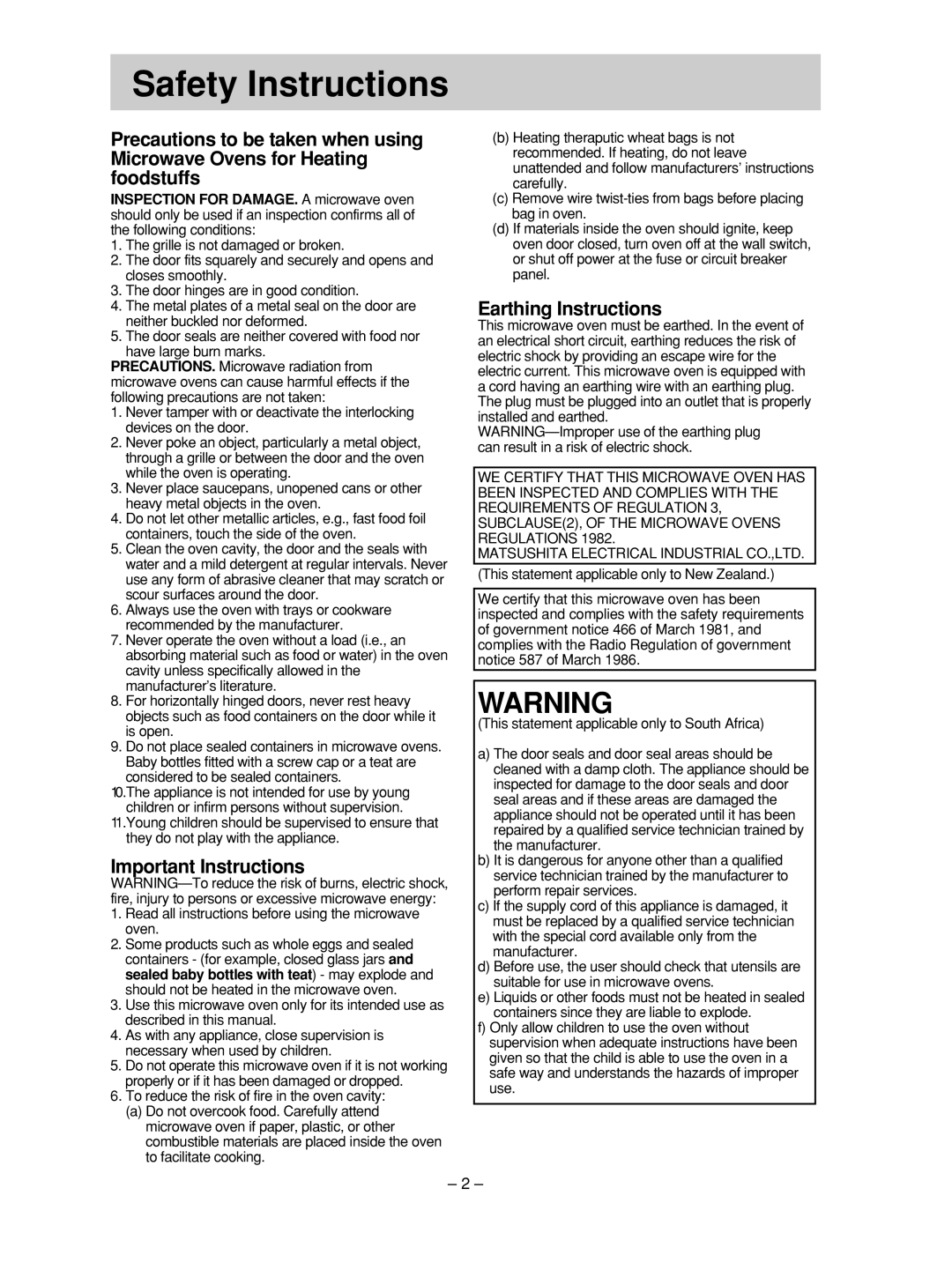 Panasonic NN-SD376S manual Safety Instructions, Important Instructions, Earthing Instructions 