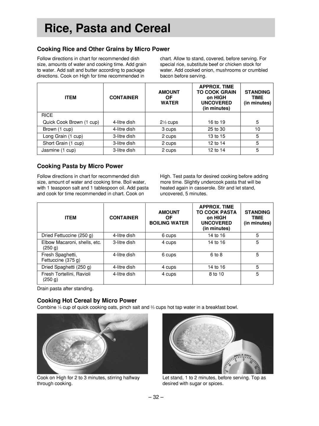 Panasonic NN-SD376S Rice, Pasta and Cereal, Cooking Rice and Other Grains by Micro Power, Cooking Pasta by Micro Power 