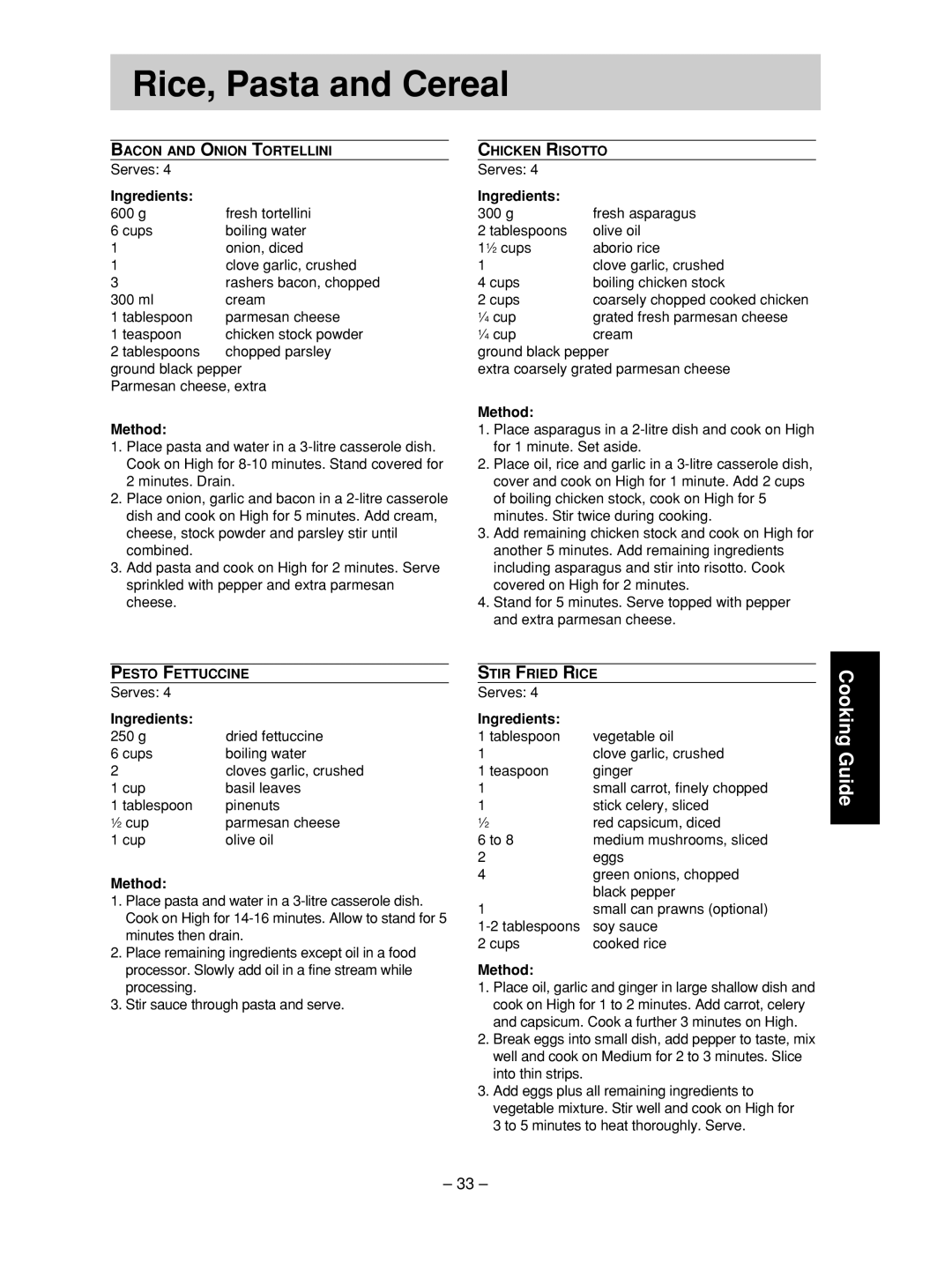 Panasonic NN-SD376S manual g Dried fettuccine Cups Boiling water 