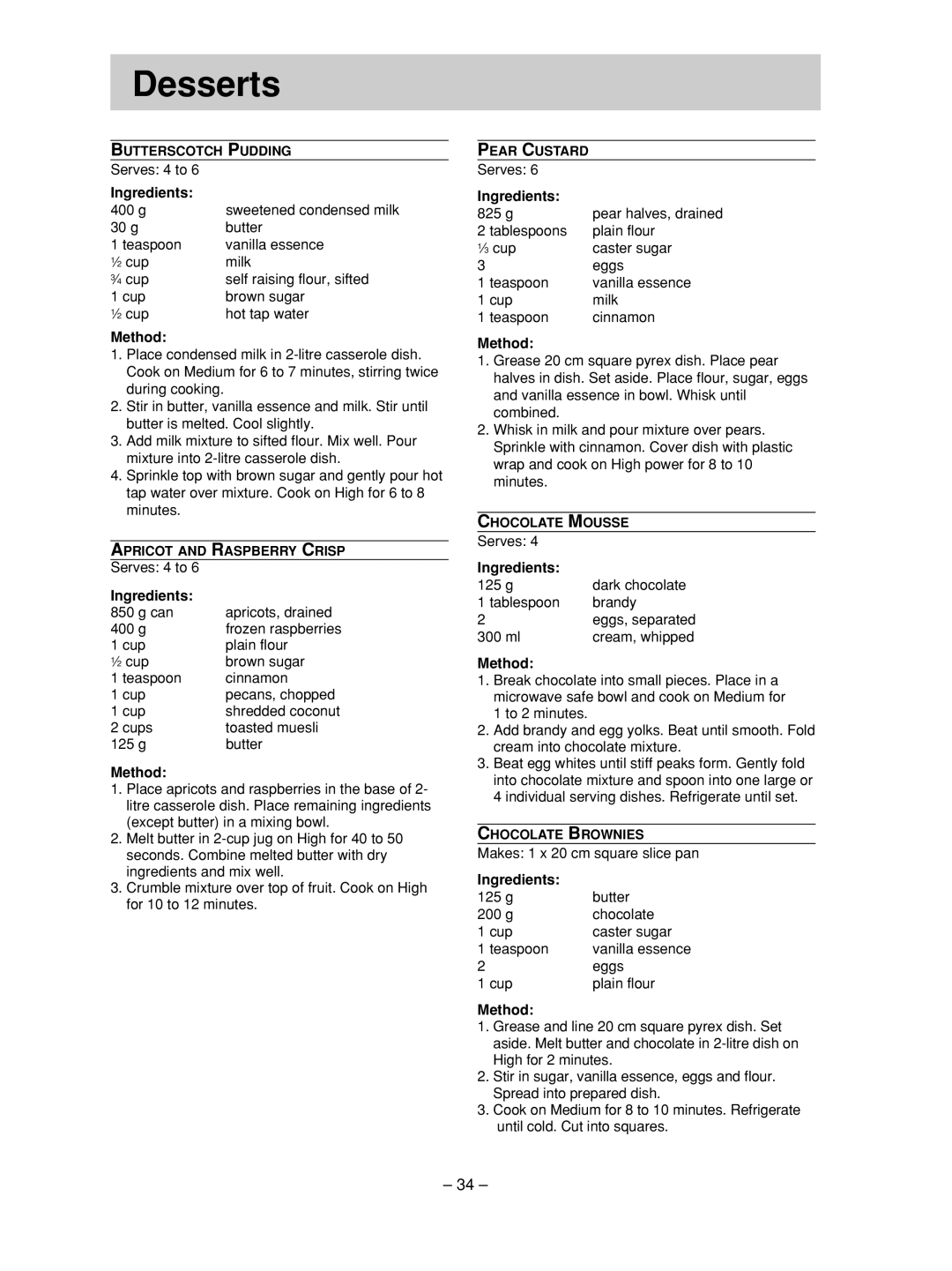 Panasonic NN-SD376S manual Desserts 