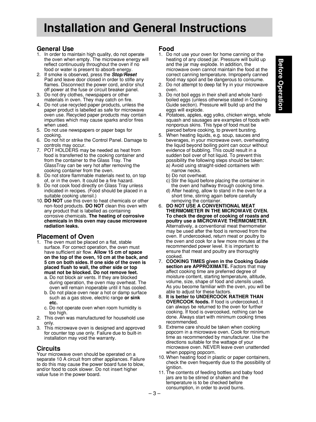 Panasonic NN-SD376S manual Installation and General Instructions, General Use, Placement of Oven, Circuits, Food 