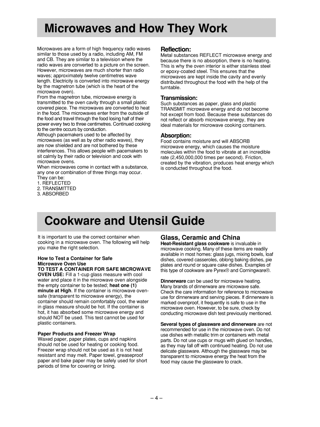 Panasonic NN-SD376S manual Microwaves and How They Work, Cookware and Utensil Guide, Reflection, Glass, Ceramic and China 