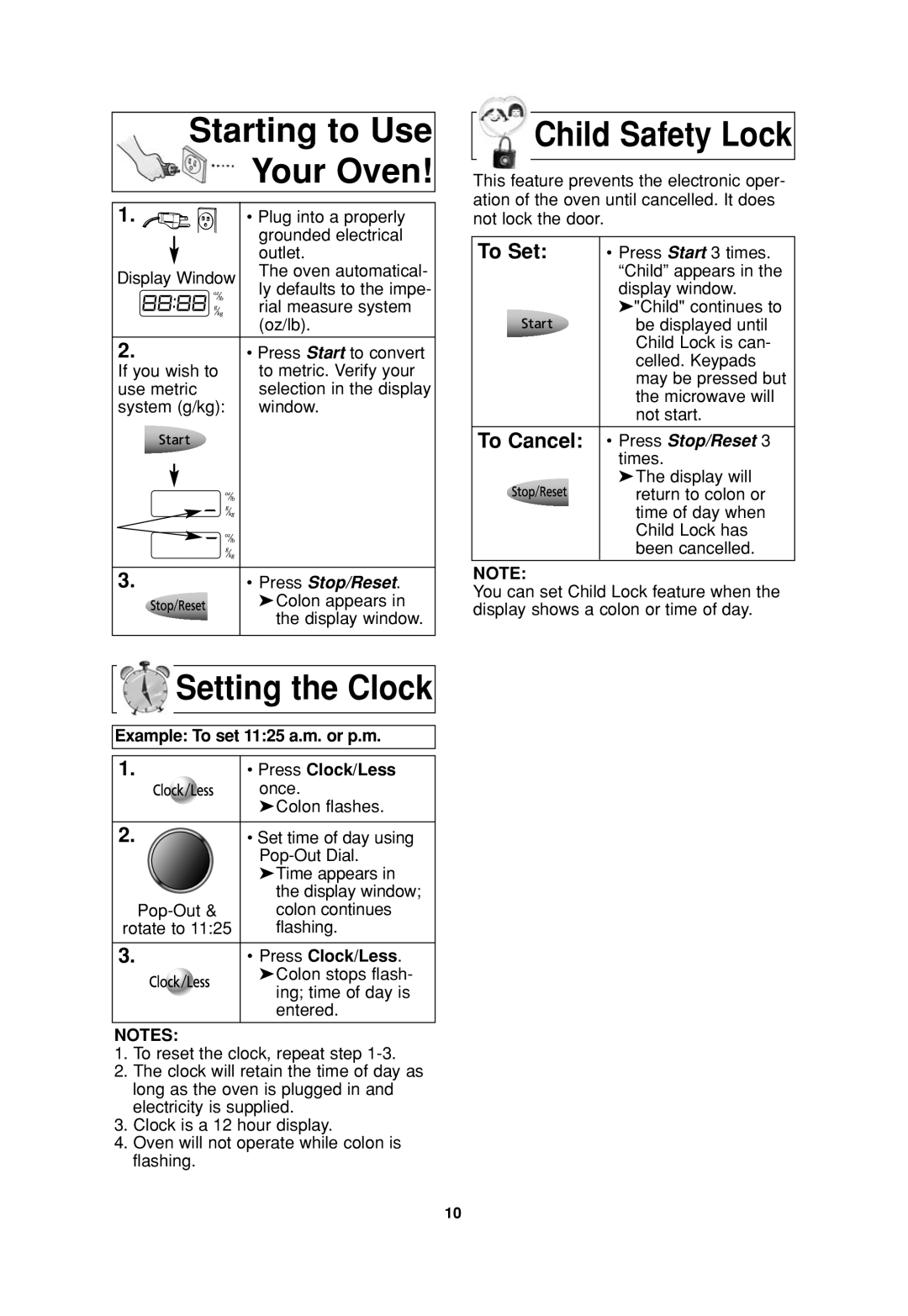 Panasonic NN-SD377 operating instructions Starting to Use Your Oven, Setting the Clock, Child Safety Lock 