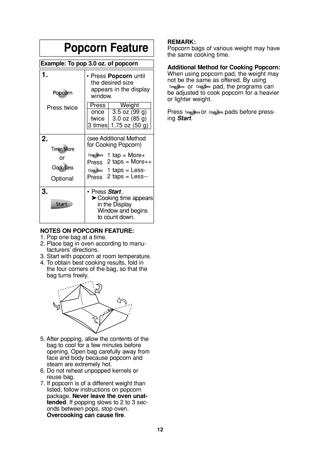 Panasonic NN-SD377 operating instructions Popcorn Feature, Example To pop 3.0 oz. of popcorn 