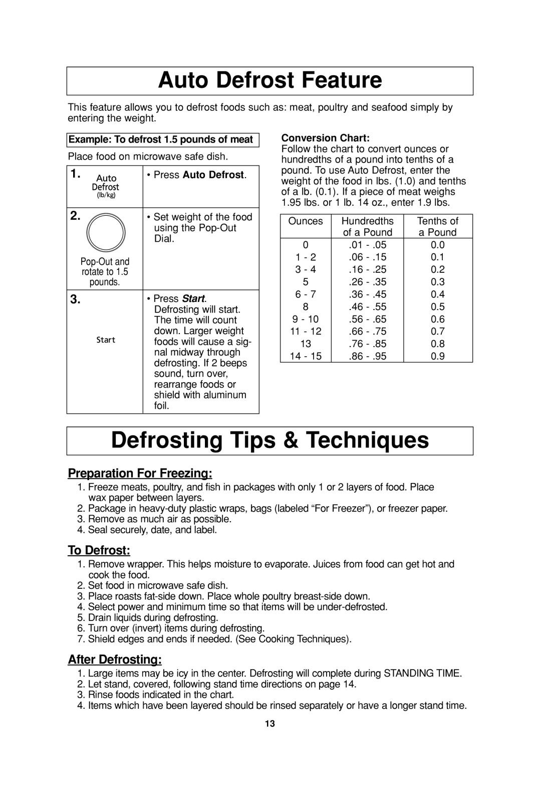 Panasonic NN-SD377 Auto Defrost Feature, Defrosting Tips & Techniques, Example To defrost 1.5 pounds of meat 