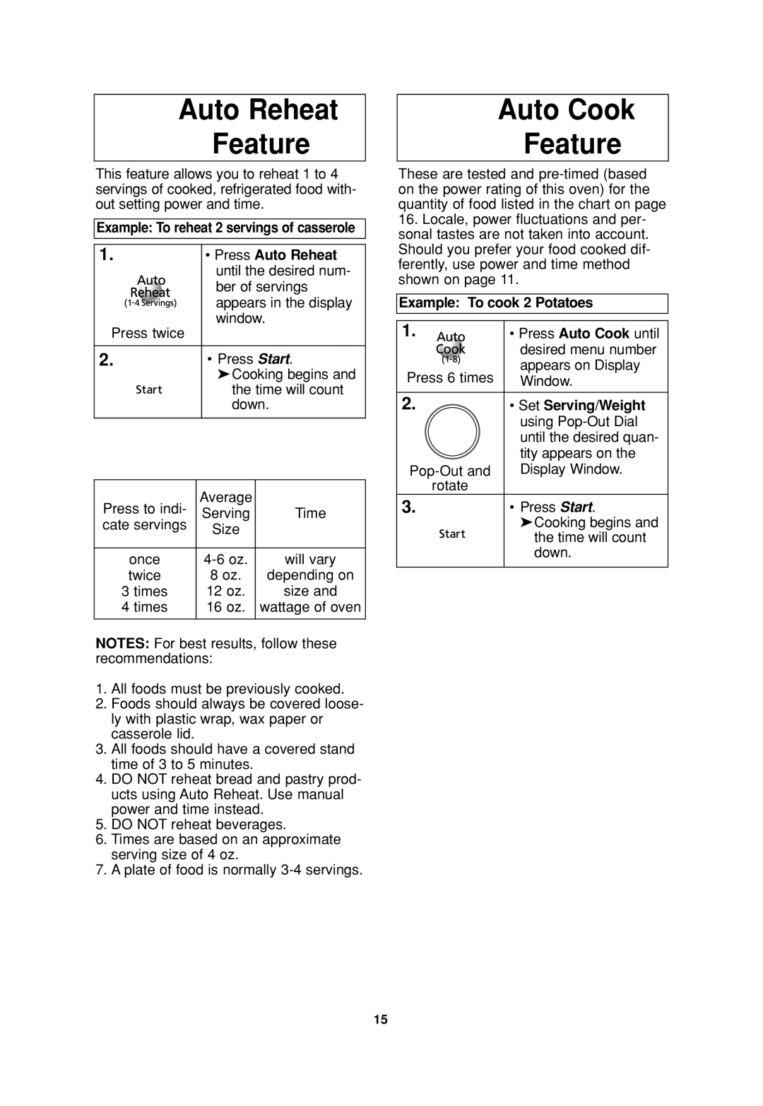 Panasonic NN-SD377 operating instructions Auto Reheat Feature, Auto Cook Feature, Example To reheat 2 servings of casserole 