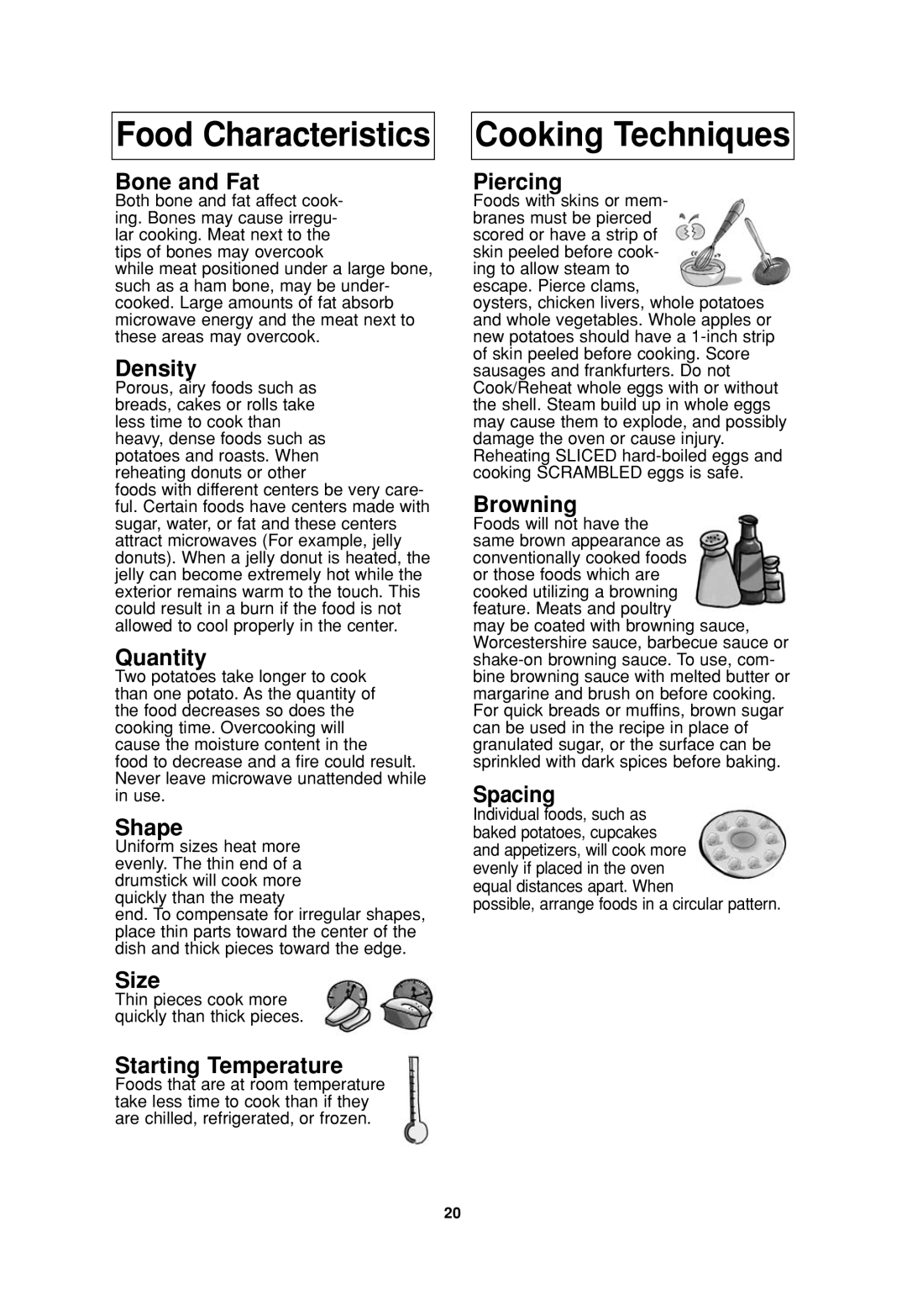 Panasonic NN-SD377 operating instructions Food Characteristics Cooking Techniques 