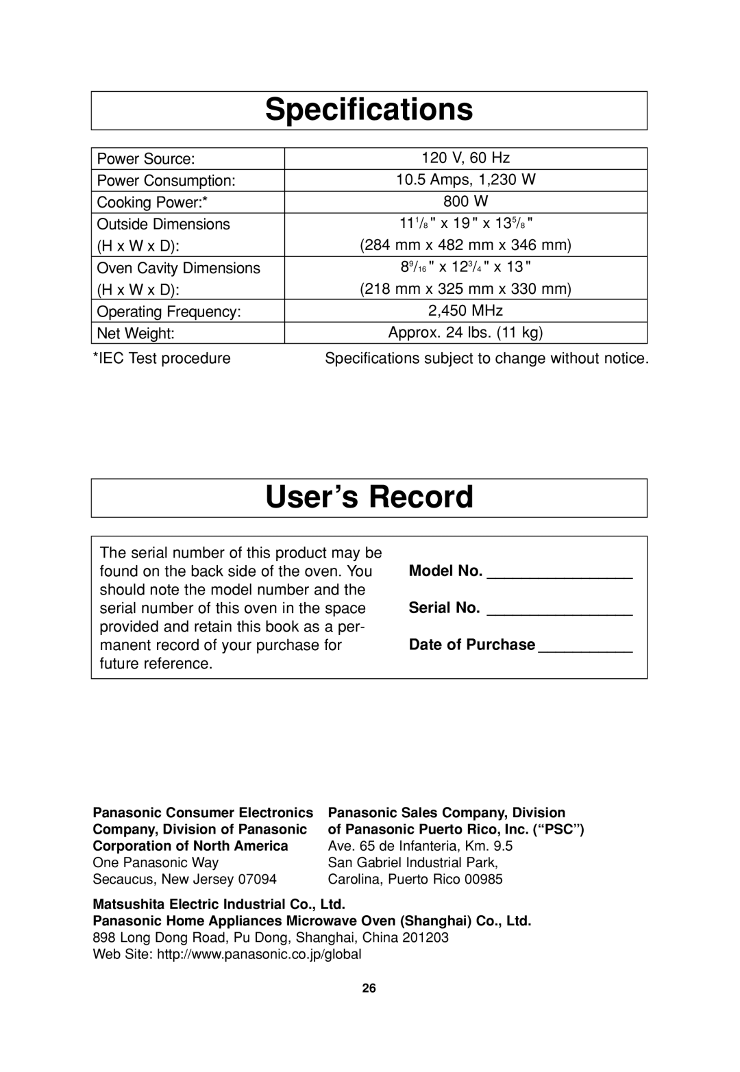 Panasonic NN-SD377 Specifications, User’s Record, 11 1/ 8 x 19 x 13 5, 16 x 12 3/ 4 x, Ave de Infanteria, Km 