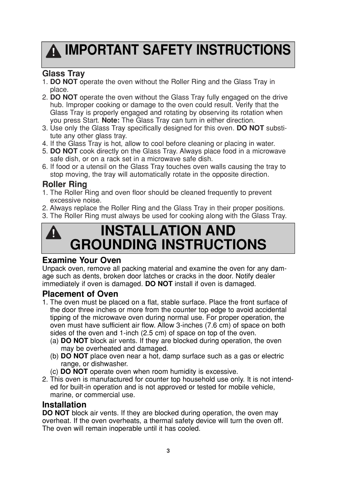 Panasonic NN-SD377 operating instructions Glass Tray, Roller Ring, Examine Your Oven, Placement of Oven, Installation 